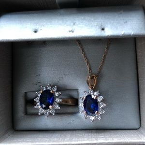 Oval blue and white sapphire ring and necklace